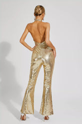 Kaeifa Gold Full Sequin Halter V-Neck Ruched Twist Flare Jumpsuit