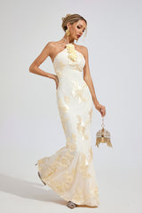 Kaeifa Ivory Gold Floral Maxi Dress - One Shoulder Mermaid