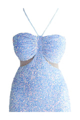 Kaeifa Blue Sequin Ruched Bust Halter Neck Cutout Maxi Dress