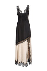Kaeifa Black Beige Contrast Lace Edge Deep V Slip Maxi Dress