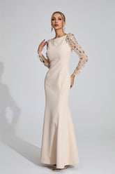 Kaeifa Champagne Floral Sequin Mesh Sleeve Maxi Mermaid Dress