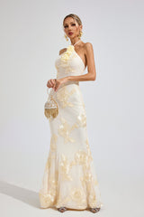 Kaeifa Ivory Gold Floral Maxi Dress - One Shoulder Mermaid