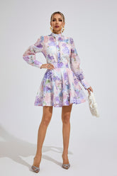Kaeifa Purple Floral Mini Dress - High Neck Sheer Sleeve A-Line