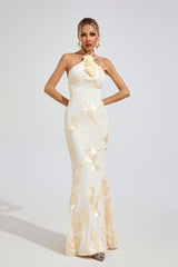 Kaeifa Ivory Gold Floral Maxi Dress - One Shoulder Mermaid
