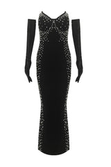 Kaeifa Black Pearl Embellished Strapless Sweetheart Maxi Dress