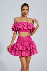 Kaeifa Hot Pink Lace Eyelet Off Shoulder Smocked Ruffle Mini Skirt Set