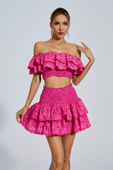 Kaeifa Hot Pink Lace Eyelet Off Shoulder Smocked Ruffle Mini Skirt Set