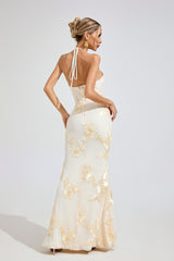 Kaeifa Ivory Gold Floral Maxi Dress - One Shoulder Mermaid