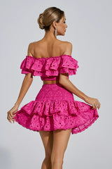 Kaeifa Hot Pink Lace Eyelet Off Shoulder Smocked Ruffle Mini Skirt Set