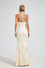 Kaeifa Ivory Gold Floral Maxi Dress - One Shoulder Mermaid
