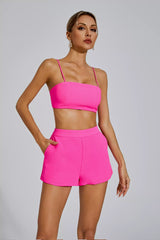 Kaeifa Hot Pink Bandeau Crop Top Shorts Blazer Three-Piece Set