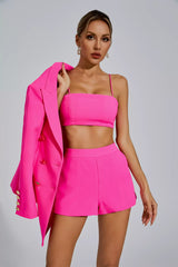 Kaeifa Hot Pink Bandeau Crop Top Shorts Blazer Three-Piece Set