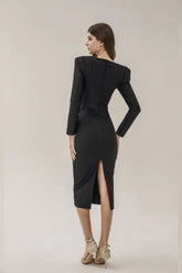 Kaeifa Black Power Shoulder Long Sleeve Bodycon Midi Dress