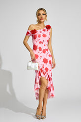 Kaeifa Pink Red Floral One Shoulder 3D Rose Ruffle Midi Dress