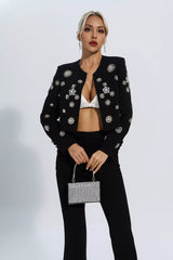 Kaeifa Black Diamond Scatter Collarless Crop Blazer Pants Set
