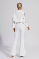 Kaeifa White Crystal Floral Crop Blazer Flare Pants Set