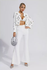 Kaeifa White Crystal Floral Crop Blazer Flare Pants Set