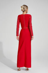 Kaeifa Red Crystal Stripe Long Sleeve Crop Top Wide Leg Set