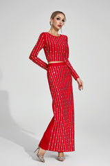 Kaeifa Red Rhinestone Sleeve Crop Top Maxi Skirt Co-ord Set