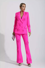 Kaeifa Fuchsia 3D Flower Applique Blazer Wide Leg Pants Co-ord