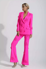 Kaeifa Fuchsia 3D Flower Applique Blazer Wide Leg Pants Co-ord