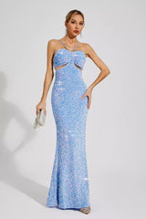Kaeifa Blue Sequin Ruched Bust Halter Neck Cutout Maxi Dress