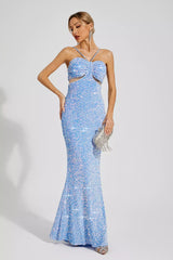 Kaeifa Blue Sequin Ruched Bust Halter Neck Cutout Maxi Dress