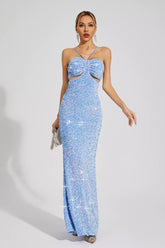 Kaeifa Blue Sequin Ruched Bust Halter Neck Cutout Maxi Dress