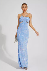 Kaeifa Blue Sequin Ruched Bust Halter Neck Cutout Maxi Dress