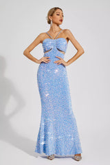 Kaeifa Blue Sequin Ruched Bust Halter Neck Cutout Maxi Dress