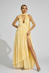 Kaeifa Butter Yellow Halter Neck Pleated Cape Back Maxi Dress