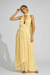 Kaeifa Butter Yellow Halter Neck Pleated Cape Back Maxi Dress