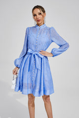 Kaeifa Blue Embellished Mini Dress - High Neck Bishop Sleeve Belted