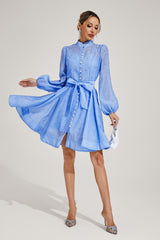 Kaeifa Blue Embellished Mini Dress - High Neck Bishop Sleeve Belted
