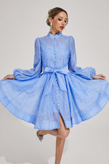 Kaeifa Blue Embellished Mini Dress - High Neck Bishop Sleeve Belted