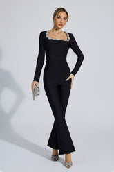 Kaeifa Black Crystal Embellished Square Neck Long Sleeve Flare Jumpsuit