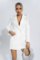 Kaeifa White Crystal Shoulder Double Breasted Blazer Mini Dress