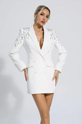 Kaeifa White Crystal Shoulder Double Breasted Blazer Mini Dress