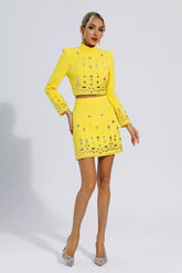 Kaeifa Yellow Rhinestone Mock Neck Long Sleeve Crop Top Mini Skirt Set