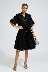 Kaeifa Black Guipure Lace Collar Batwing Sleeve Drawstring Midi Dress