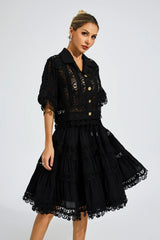 Kaeifa Black Guipure Lace Collar Batwing Sleeve Drawstring Midi Dress