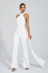 Kaeifa White Mock Halter Neck Sleeveless Open Back Flare Leg Jumpsuit