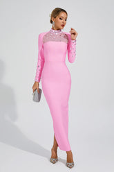 Kaeifa Pink Crystal Mesh High Neck Long Sleeve Maxi Dress