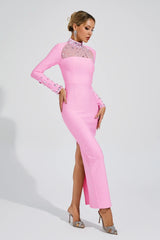 Kaeifa Pink Crystal Mesh High Neck Long Sleeve Maxi Dress
