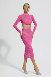 Kaeifa Fuchsia Crystal Studded Mock Neck Crop Top Midi Set