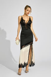 Kaeifa Black Beige Contrast Lace Edge Deep V Slip Maxi Dress