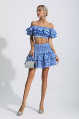 Kaeifa Blue Print Off Shoulder Smocked Crop Top Tiered Mini Skirt Set