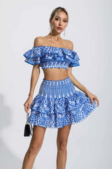 Kaeifa Blue Print Off Shoulder Smocked Crop Top Tiered Mini Skirt Set