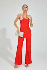 Kaeifa Red Crystal Floral Strap Sweetheart Neck Bandage Flare Jumpsuit