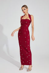 Kaeifa Burgundy Pearl Embellished Halter Fitted Maxi Dress